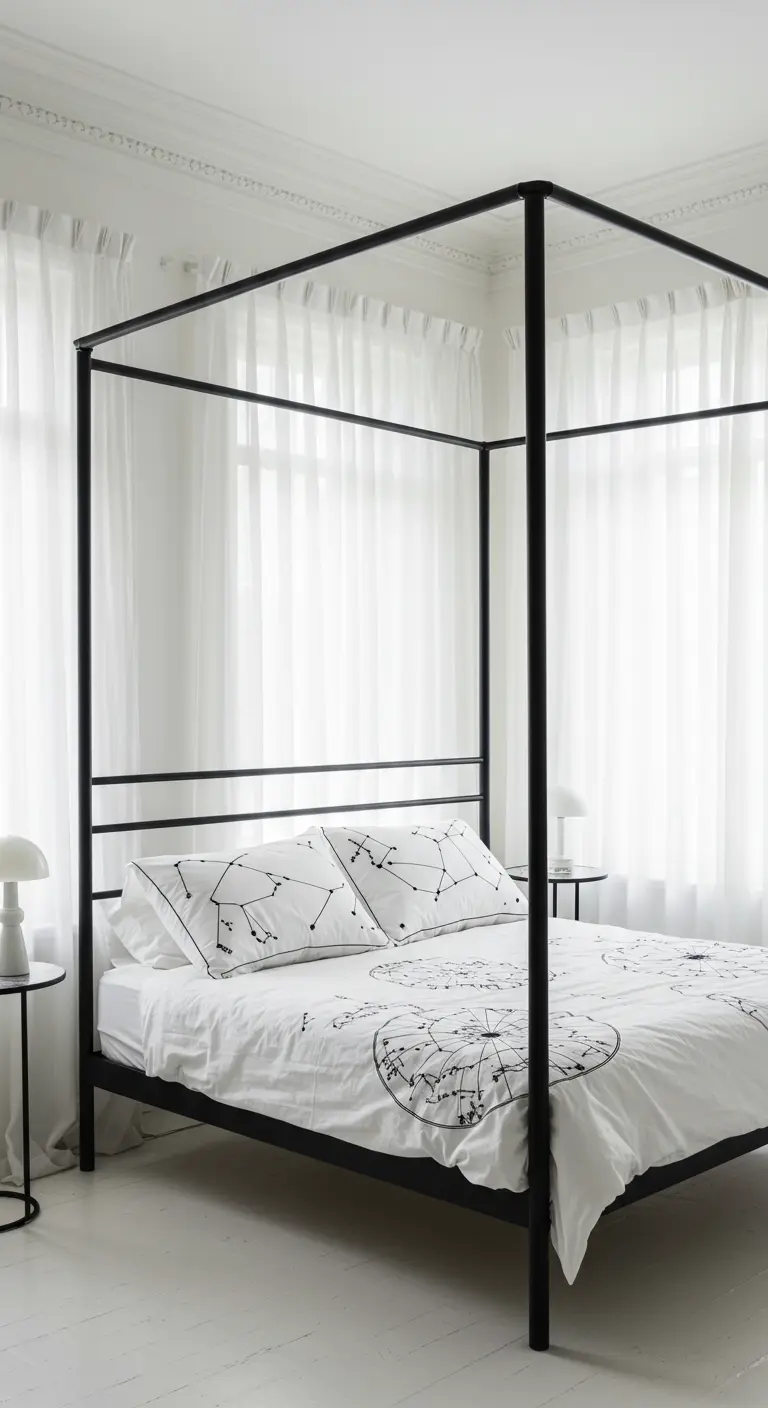 A black canopy bed in a white room, with duvet and pillows featuring a white constellation print.
