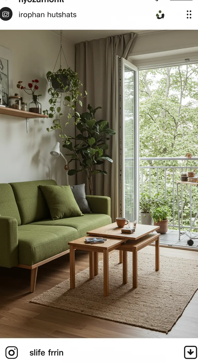 A living room with an olive green sofa and nesting tables, with an open door leading to a lush balcony.