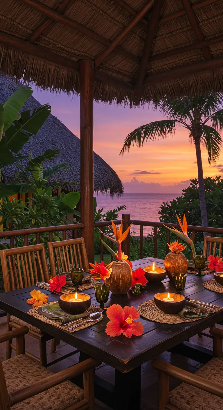 A tropical-themed dining table under a thatched roof, decorated with hibiscus and coconut candles.