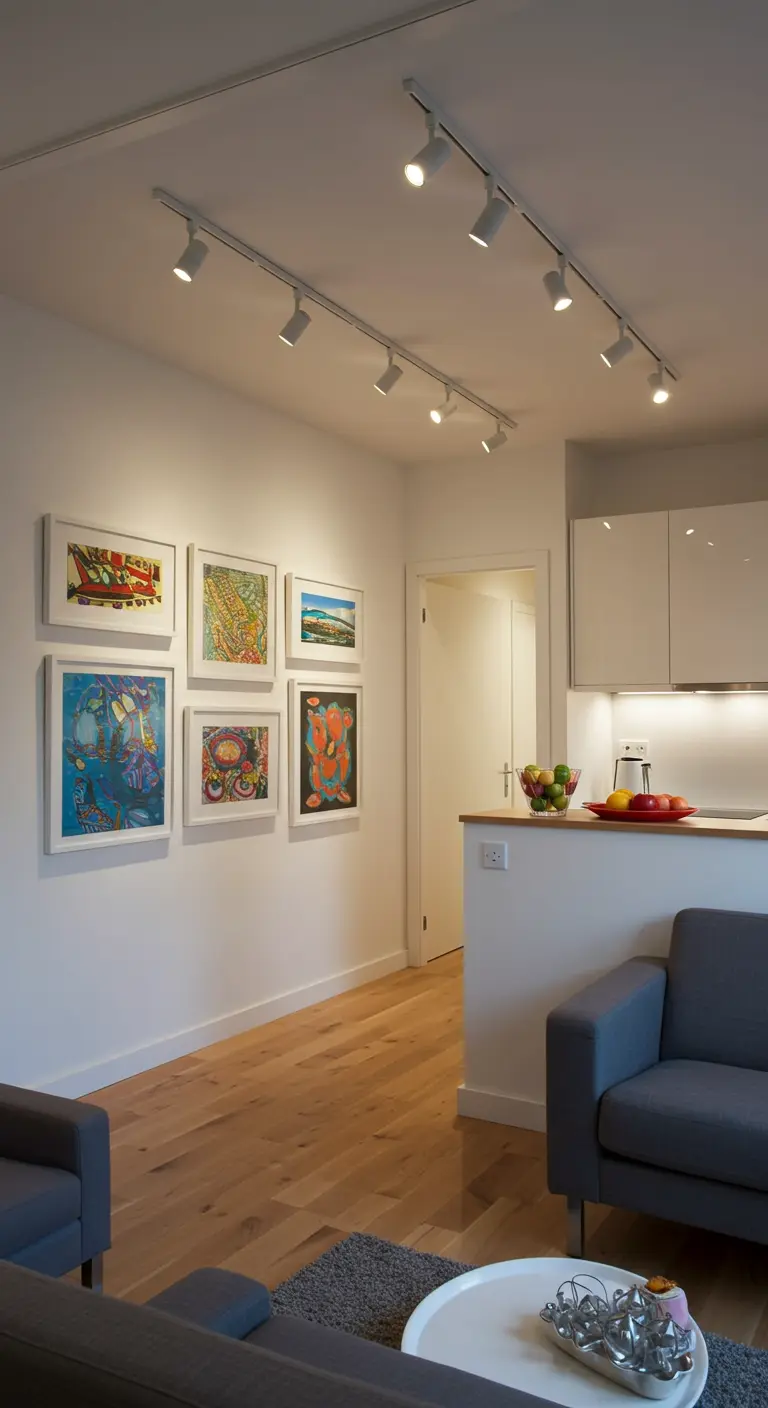 Track lighting illuminates a gallery wall next to a kitchen in an open-plan apartment.