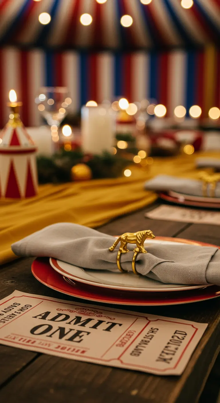 A close-up of a carnival place setting with a golden animal napkin ring.