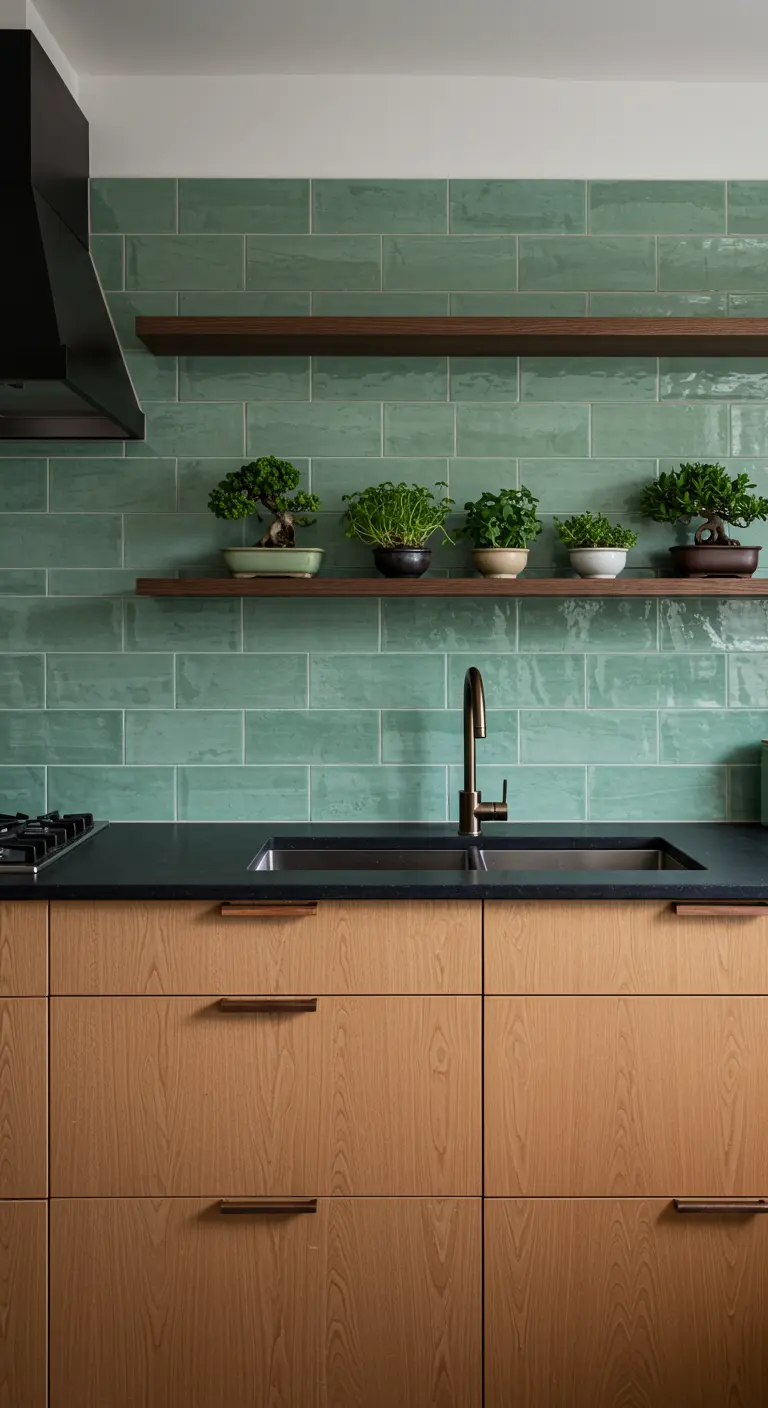 Modern kitchen with wood cabinets, green subway tile, and bonsai trees on floating shelves.