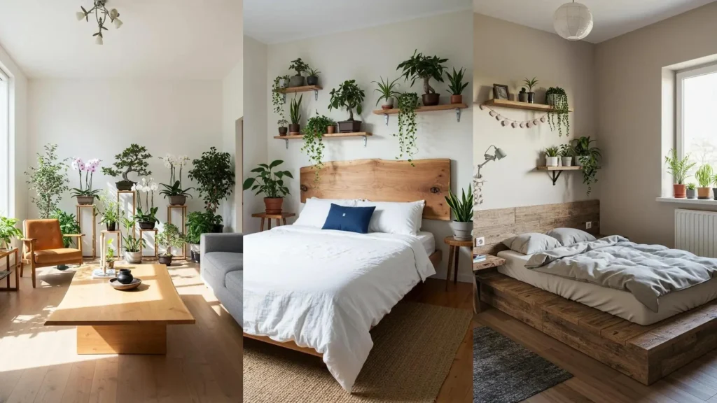 Japandi small living and bedrooms with live-edge wood elements, numerous zen plants, and minimal decor.
