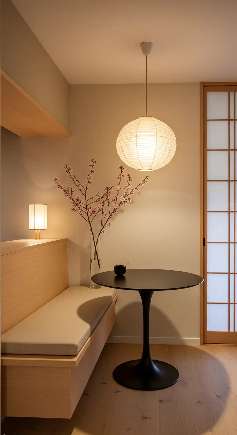 A minimalist dining nook with a light wood banquette and a paper lantern pendant.