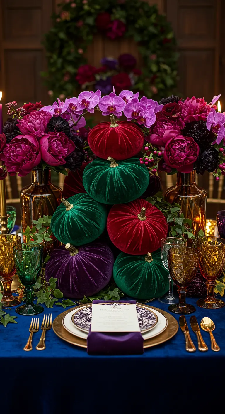 A colorful pyramid of stacked jewel-toned velvet pumpkins on a blue tablecloth.