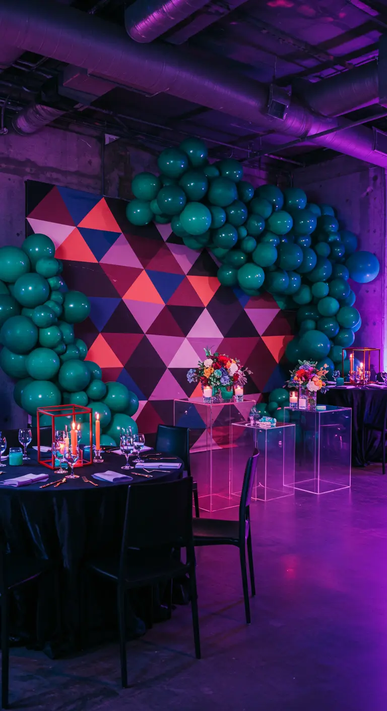Teal balloon installation against a geometric backdrop with purple lighting.