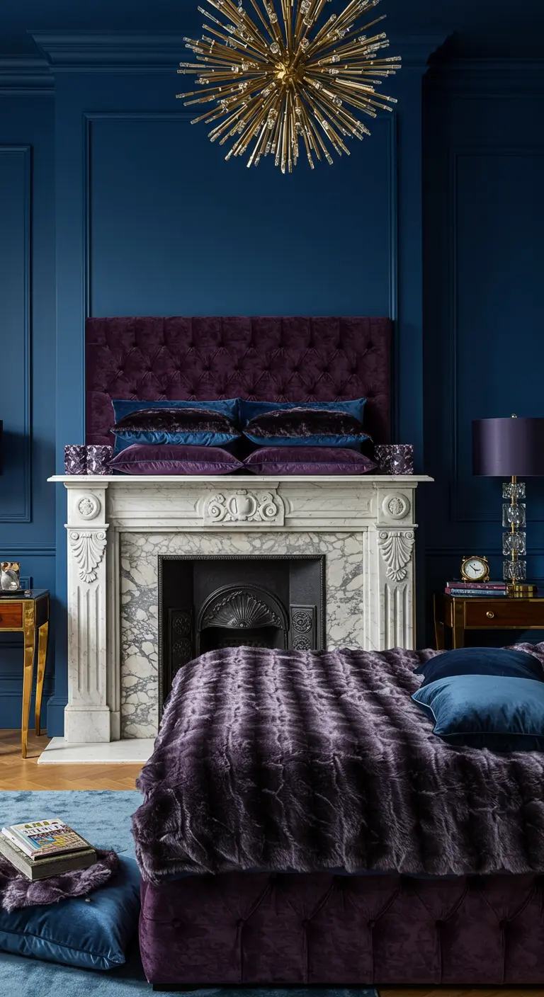 Bedroom with navy walls, a purple velvet bed, and a white marble fireplace.