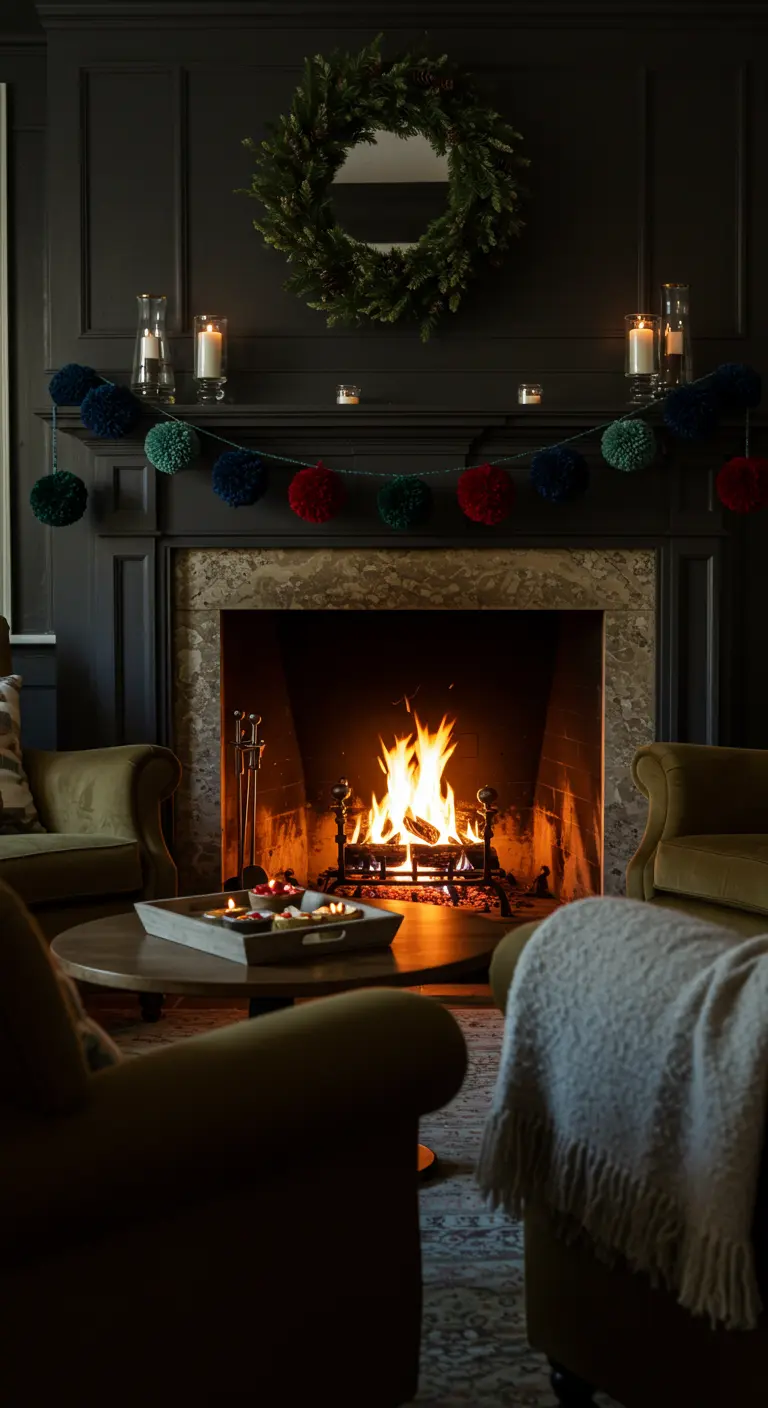 A dark fireplace mantel decorated with a thick pom-pom garland in red, green, and blue.