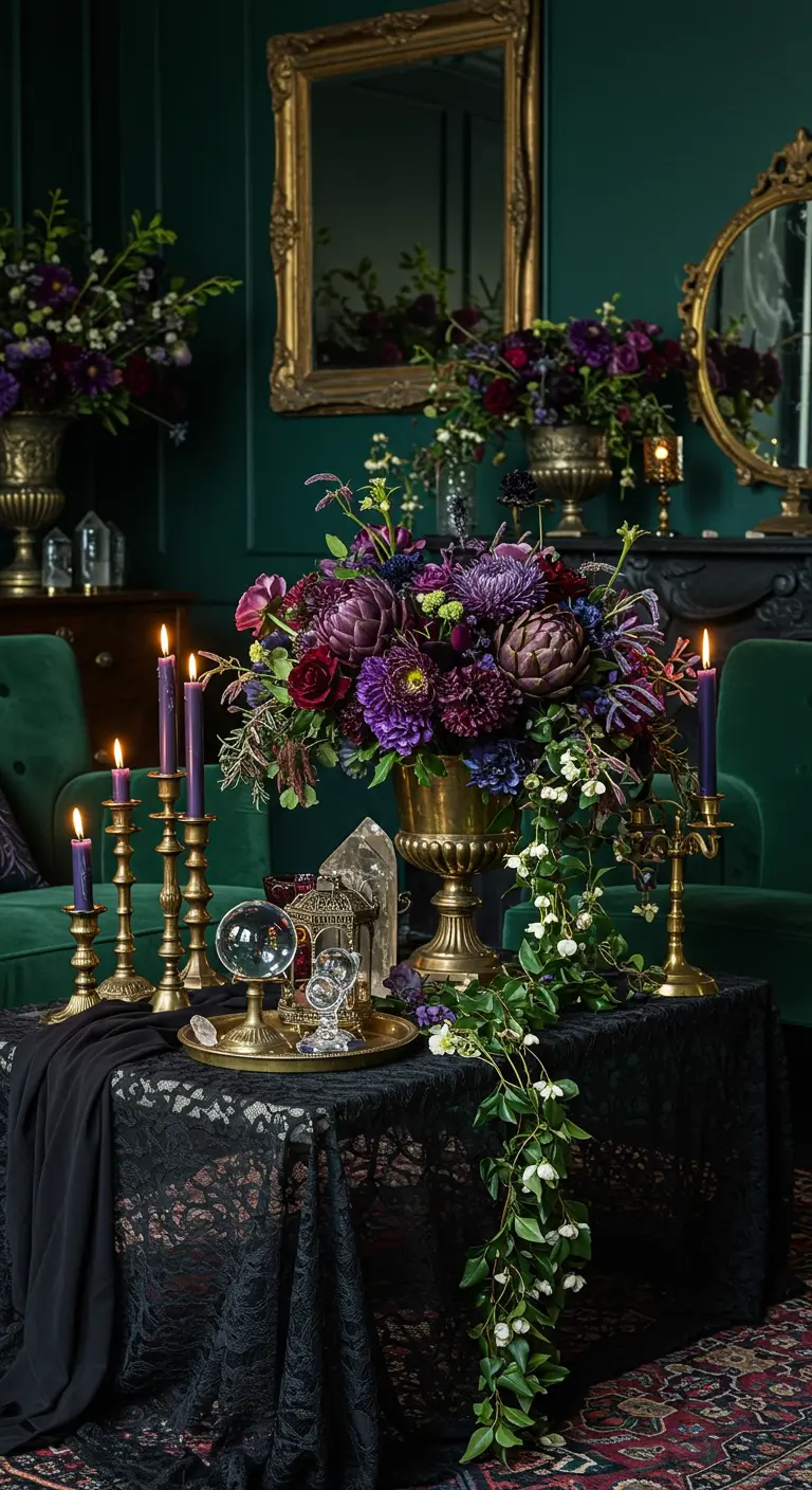 A moody green room with a centerpiece of purple and red flowers in a brass vase.