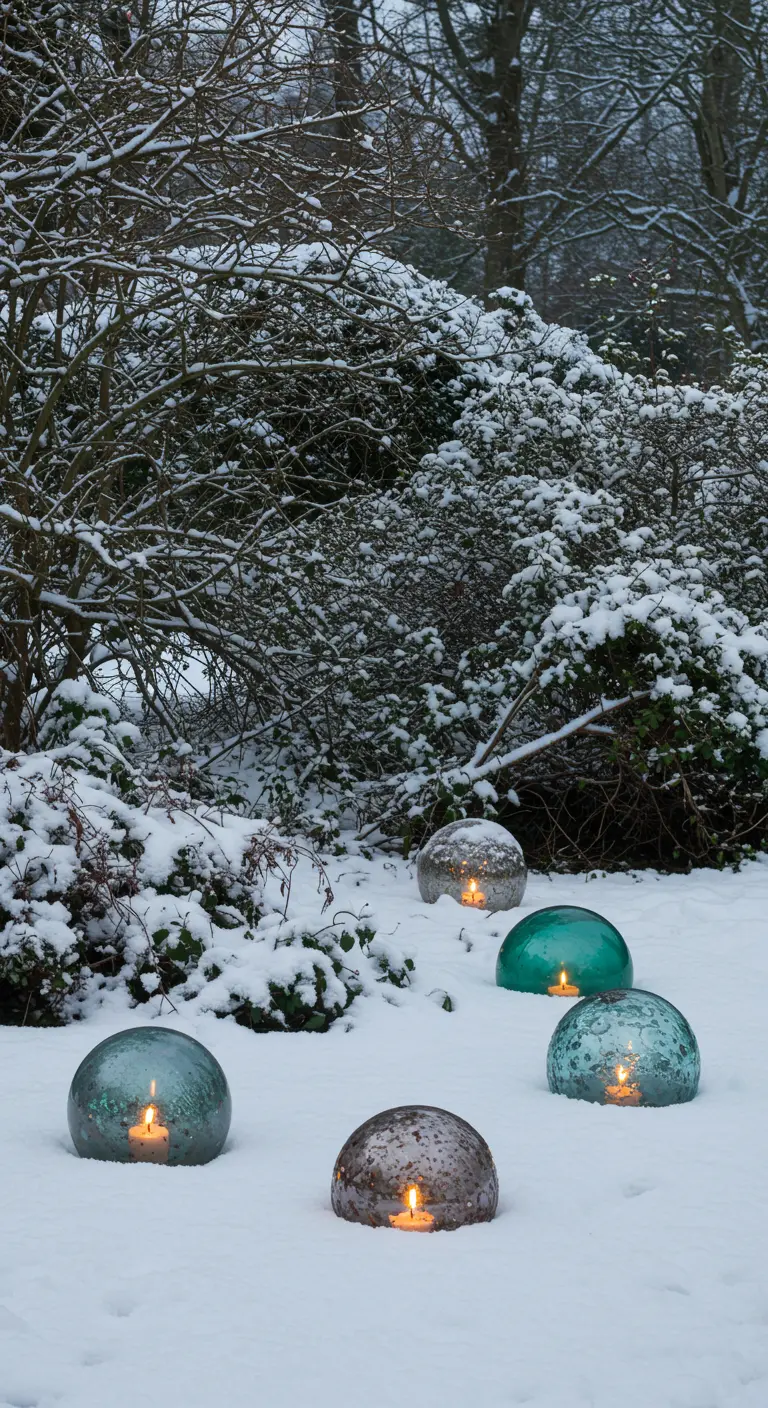 Colorful glass candle holders nestled in the snow, their flames flickering warmly.