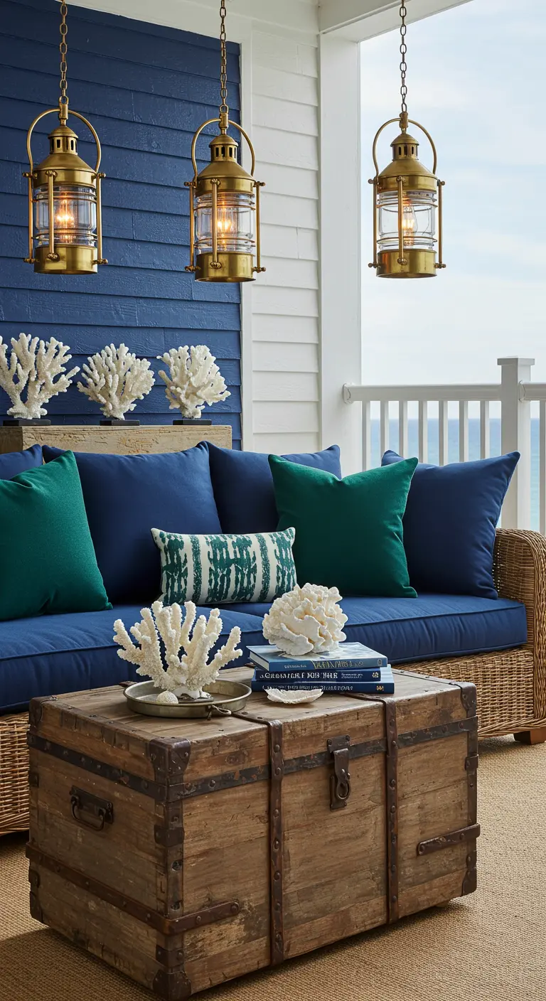 A coastal porch with a navy blue wall, a wicker sofa with blue and green cushions, and brass lanterns.