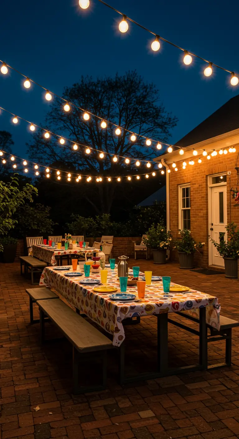 A large brick patio set for a party with long tables and colorful tableware at night.