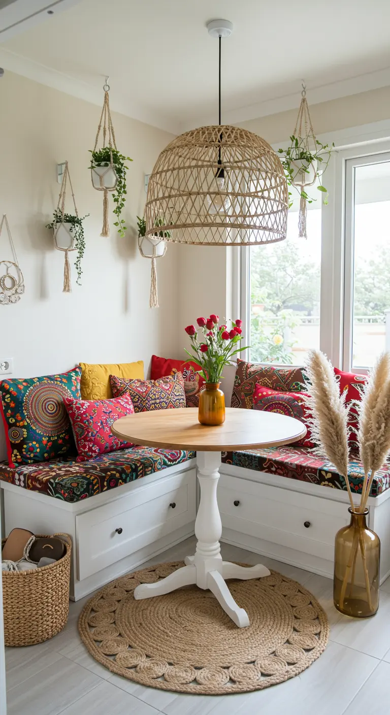 A bright dining nook with colorful pillows, hanging plants, and a wicker pendant light.