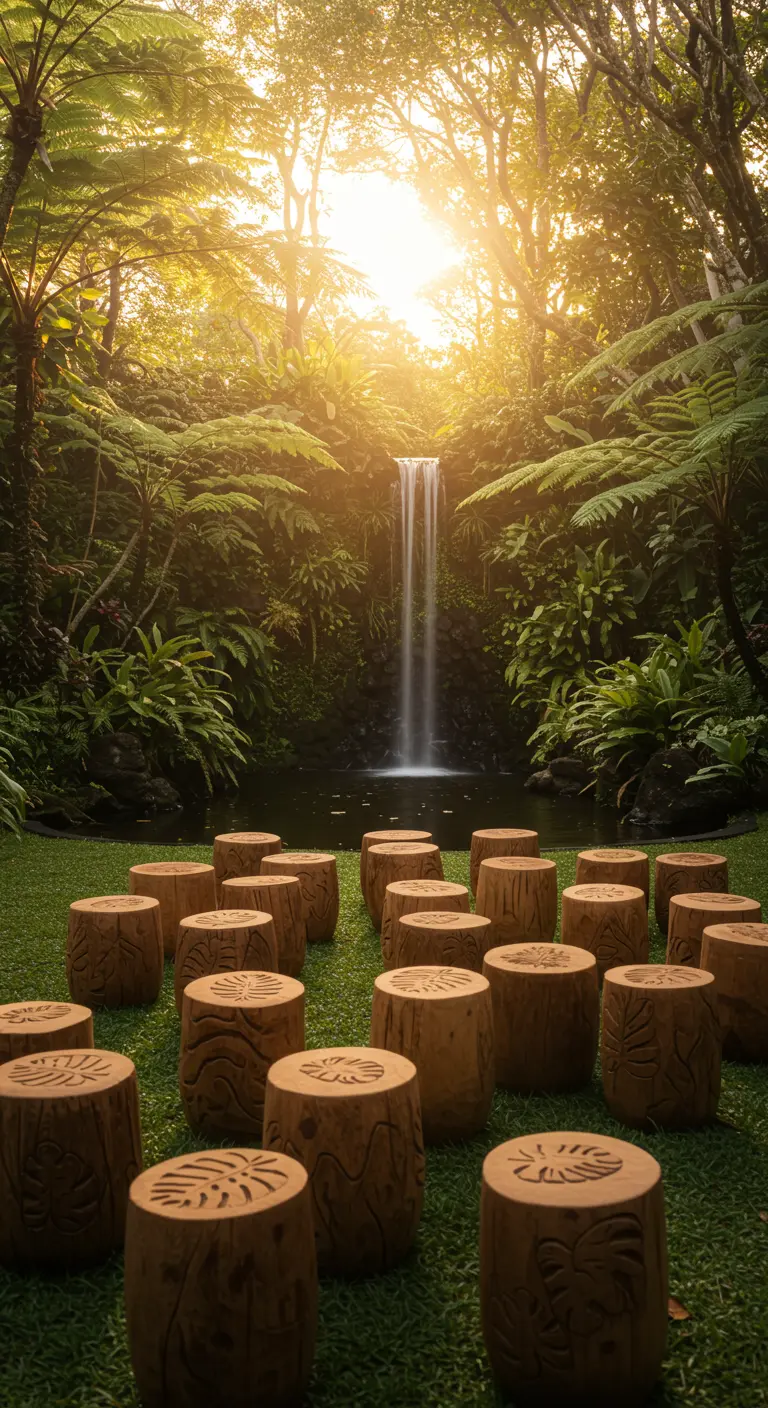 Cylindrical wooden stools on a green lawn facing a small waterfall in a tropical setting.