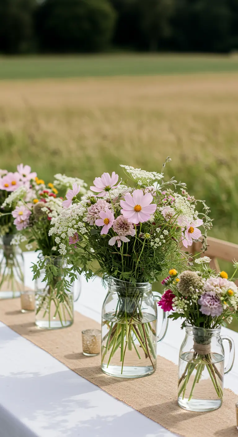 Glass jars filled with pink and white wildflowers sitting on a burlap table runner.