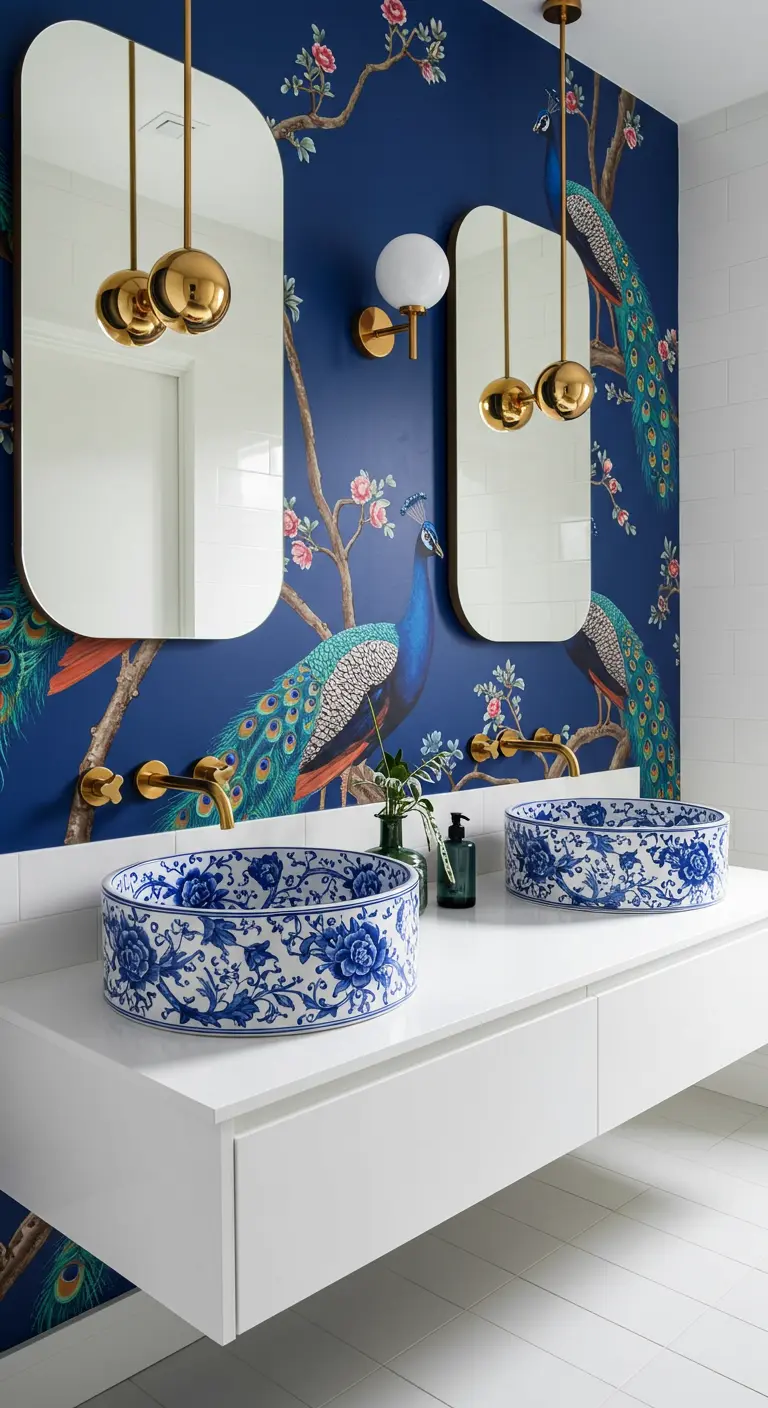 Modern bathroom with blue peacock wallpaper, floating vanity, and porcelain basins.