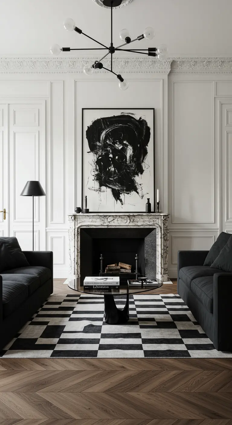 Parisian-style living room with a marble fireplace, modern black sofas, and a checkerboard rug.