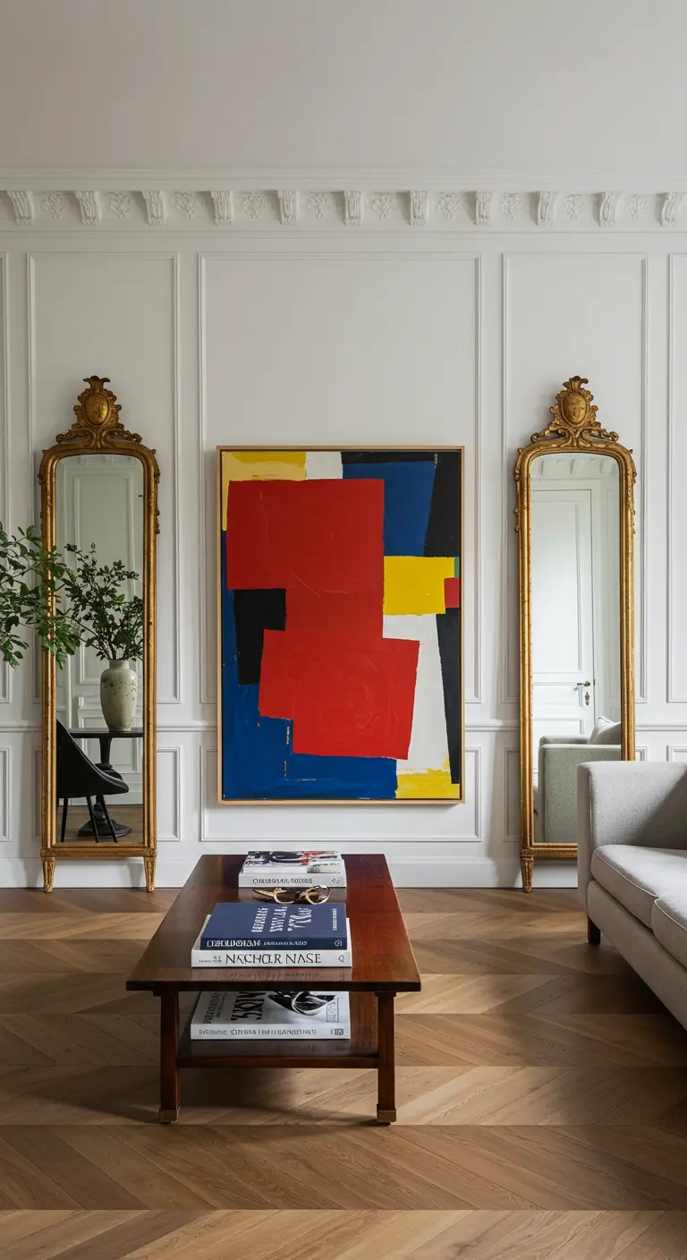 Living room with two ornate gold mirrors flanking a large, colorful abstract painting.