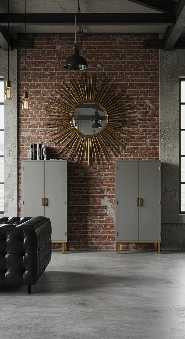 Art Deco cabinets and a sunburst mirror against an exposed brick wall in a loft.
