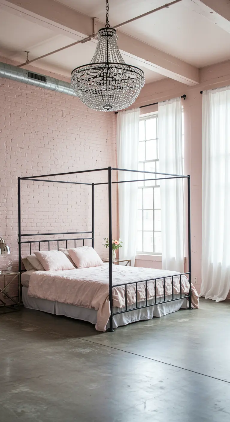 Industrial loft bedroom with pink brick, a black canopy bed, and a large chandelier.