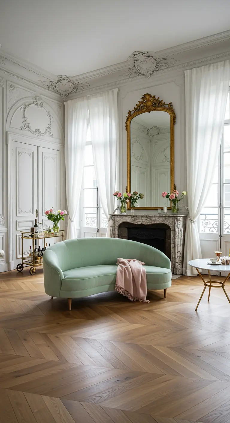 A Parisian apartment with a curved mint green sofa set against ornate white walls and a fireplace.