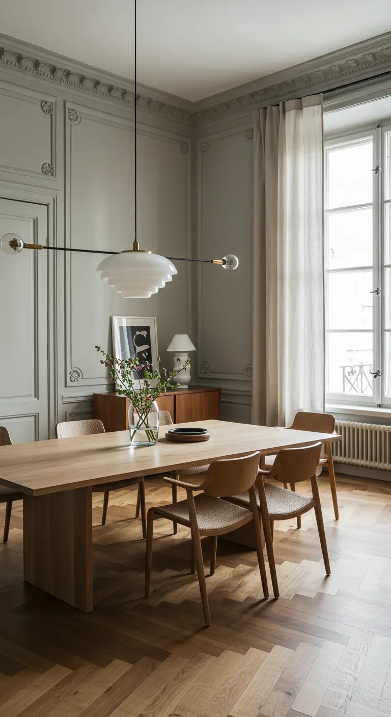 Japandi dining furniture in a Parisian room with ornate wall molding and high ceilings.