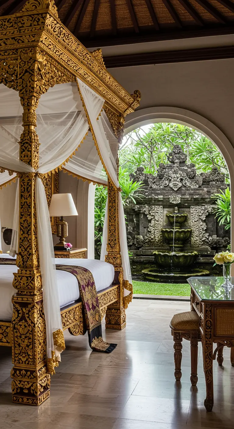 Ornate gold-gilt canopy bed framing a view of a garden fountain.