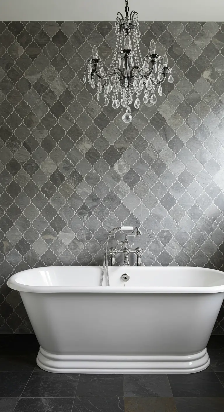 A crystal chandelier hanging in front of a gray arabesque tile accent wall.