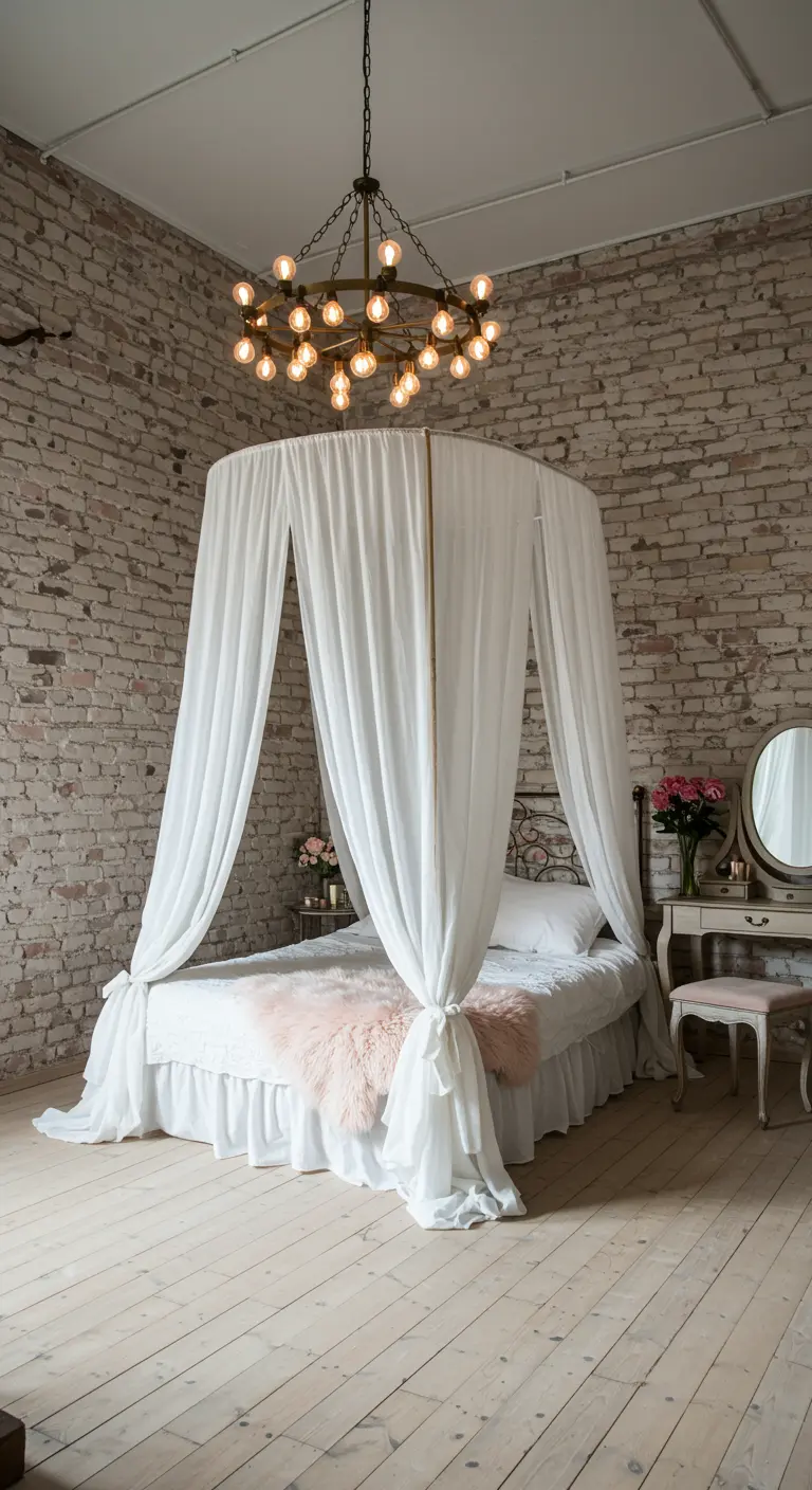 Bedroom with whitewashed brick walls and a bed draped in a flowing white fabric canopy.