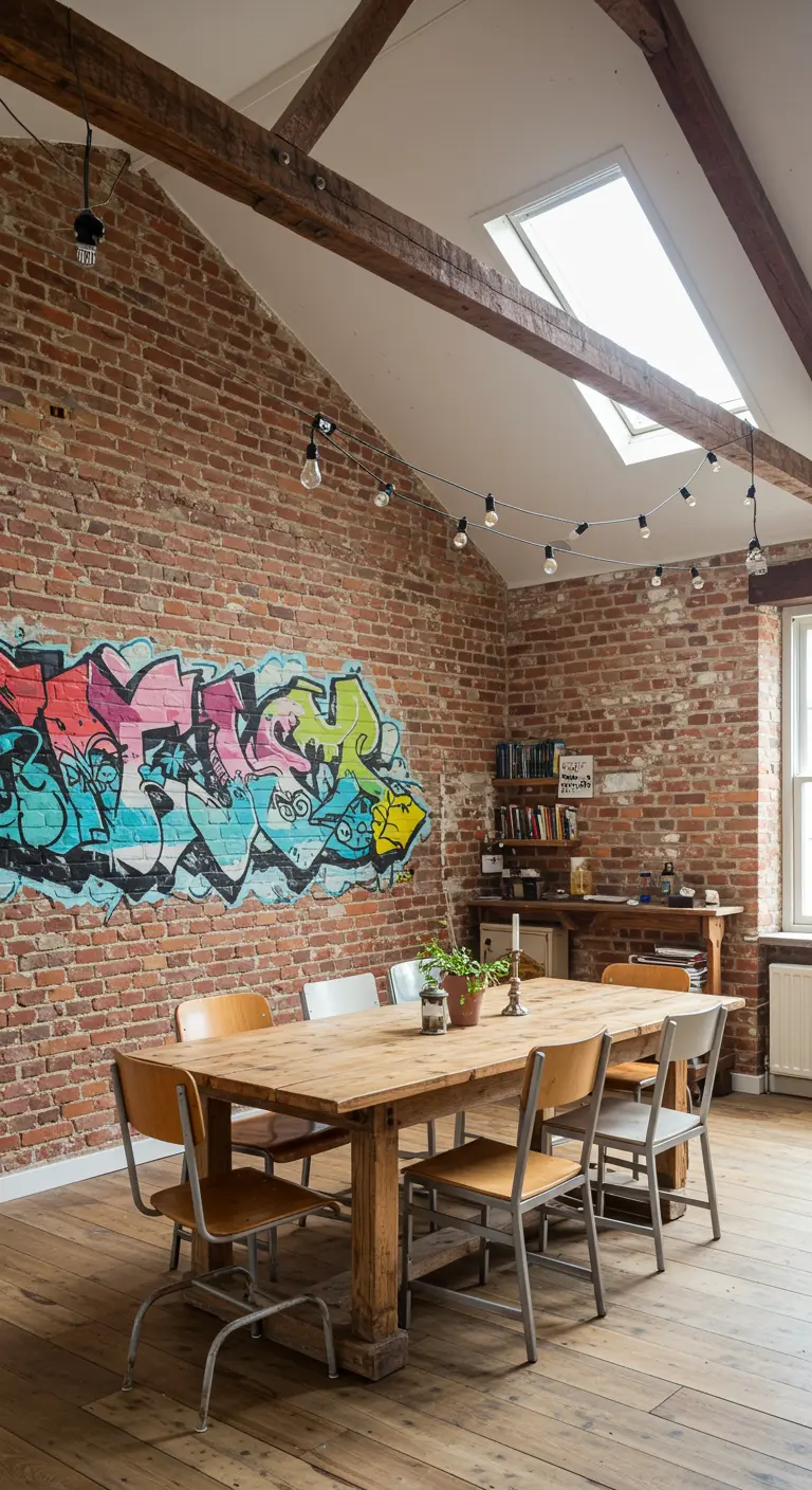 Loft dining room with a large graffiti mural on a brick wall and exposed wood beams.