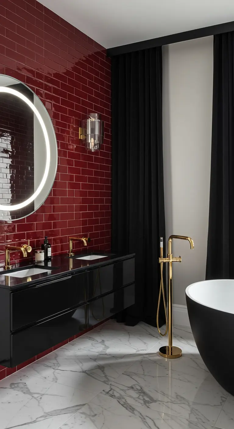 A glossy ruby-red subway tile wall behind a black floating vanity with gold taps and a round LED mirror.