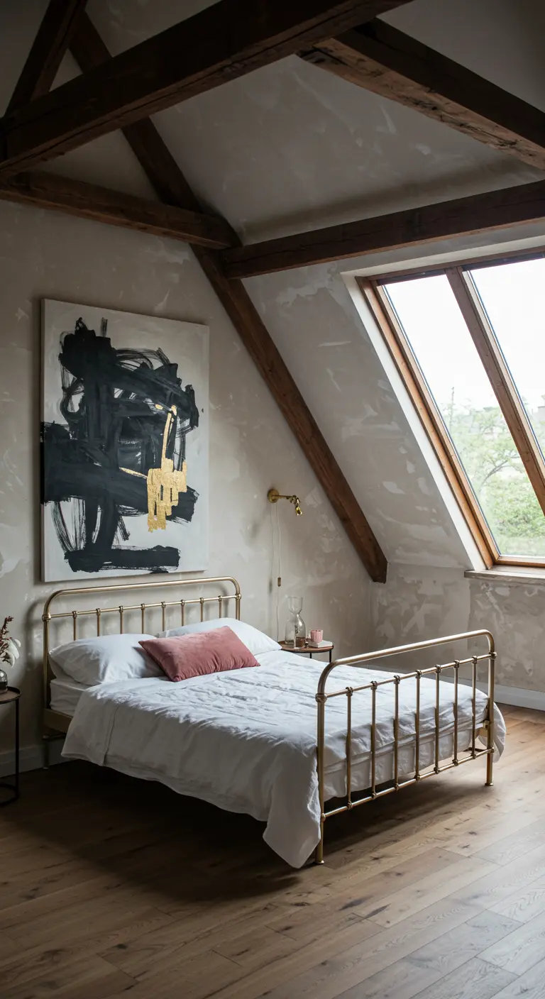 An attic bedroom with exposed wood beams, a gold metal bed, and large abstract art.