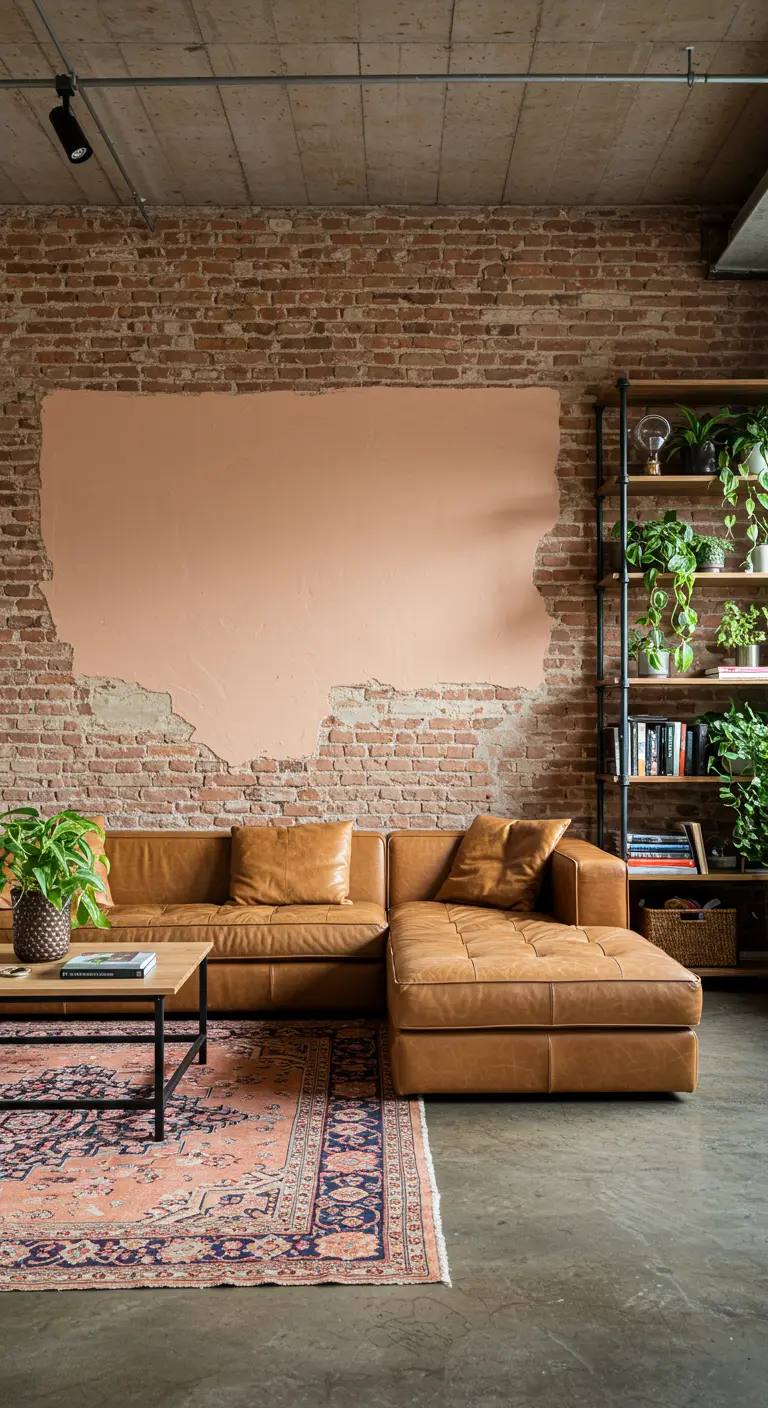 An exposed brick wall with a rough-edged pink painted section behind a leather sofa.