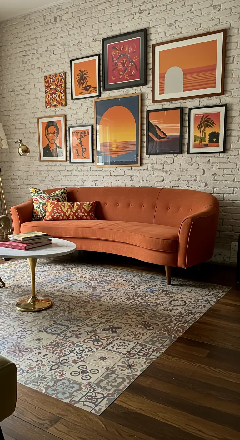 A burnt-orange curved sofa in front of a white brick wall with a gallery of sunset art.