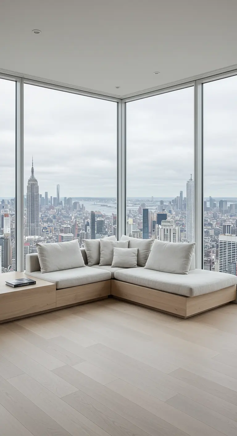 A low-profile platform sectional sofa sits in the corner of a high-rise apartment with city views.