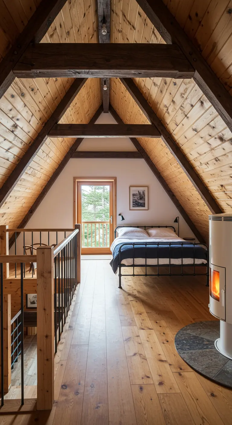 A-frame loft bedroom with a simple metal bed frame and light wood floors.
