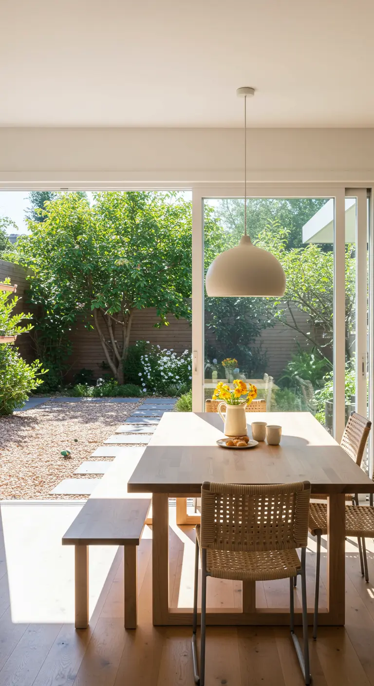 A light-filled dining area with a wood table and a large glass door open to a green garden.