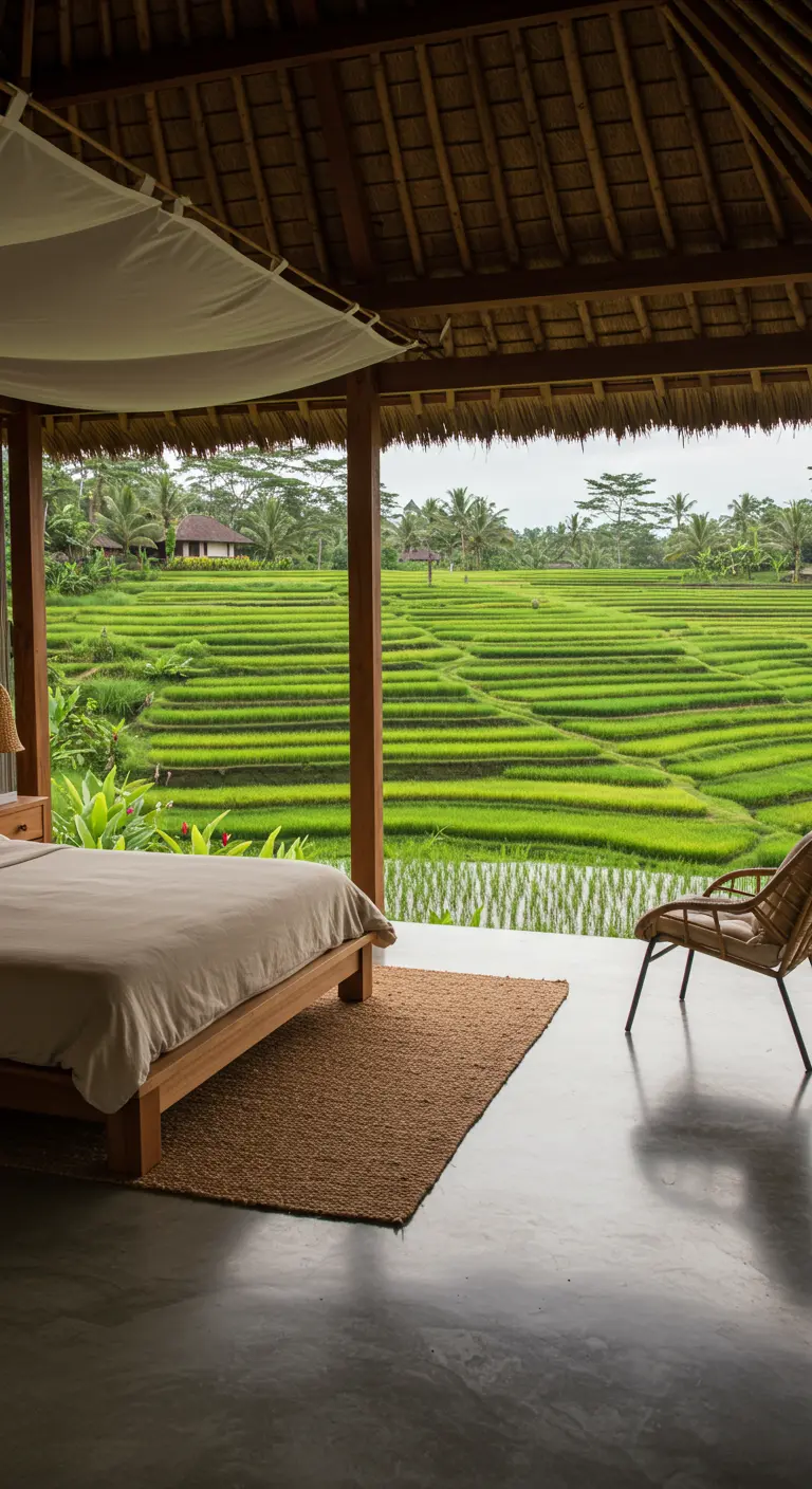 Bedroom with a simple bed and jute rug overlooking green rice terraces.