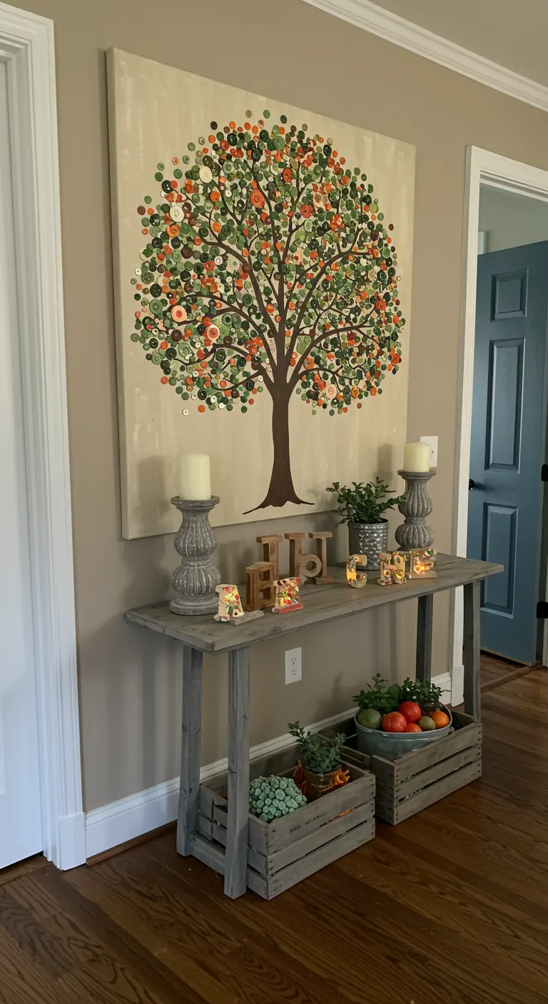 A large canvas painting of a tree with leaves made from hundreds of colorful buttons.