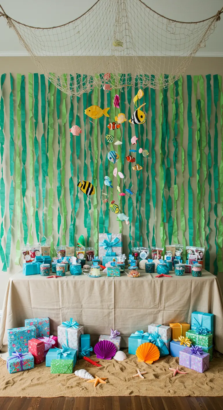 A party table backdrop made of long, twisted green crepe paper streamers to look like seaweed.