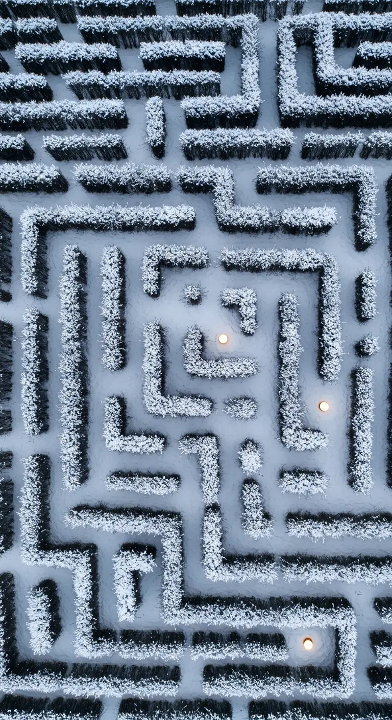 An aerial view of a snow-covered hedge maze with a few glowing lights within.