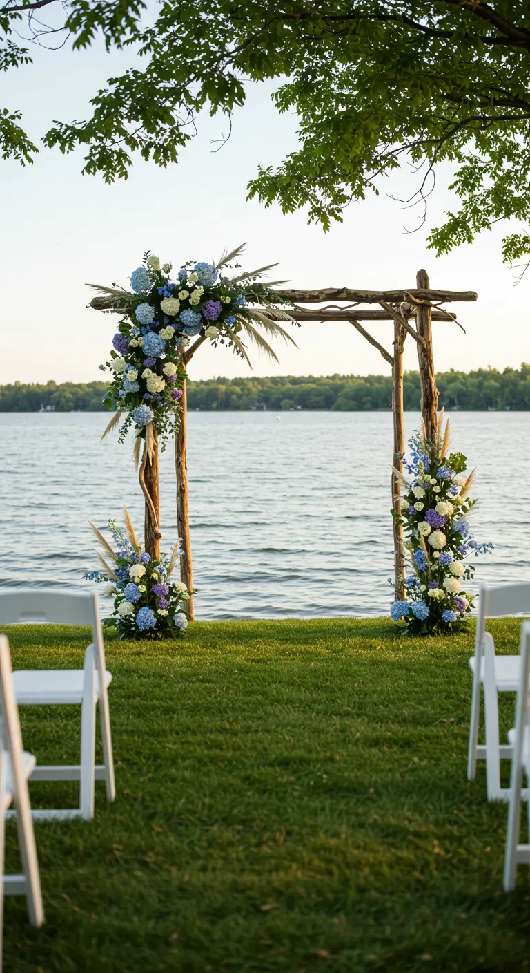 A driftwood wedding arch on a grassy lawn overlooking a lake, with blue and white flowers.