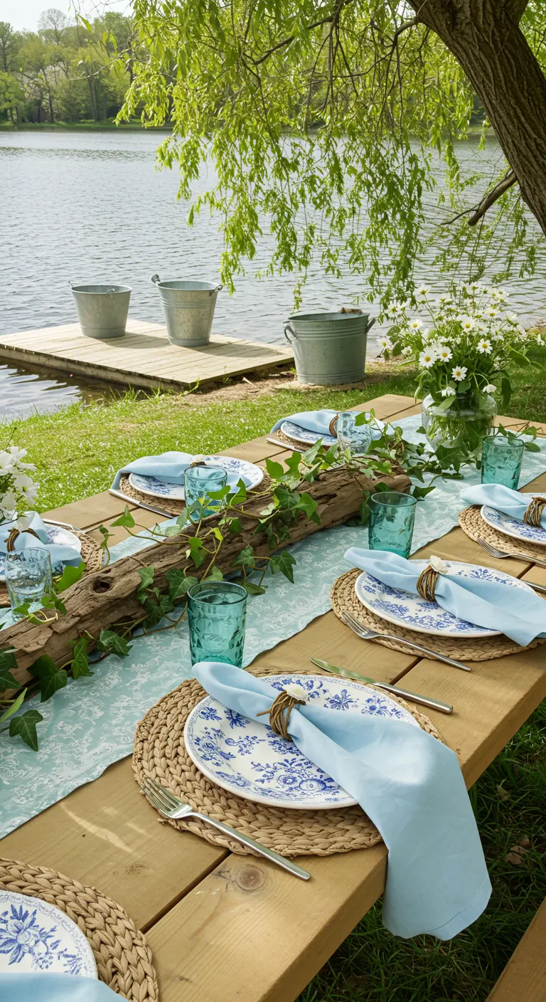 Lakeside picnic table with driftwood centerpiece and blue floral plates.