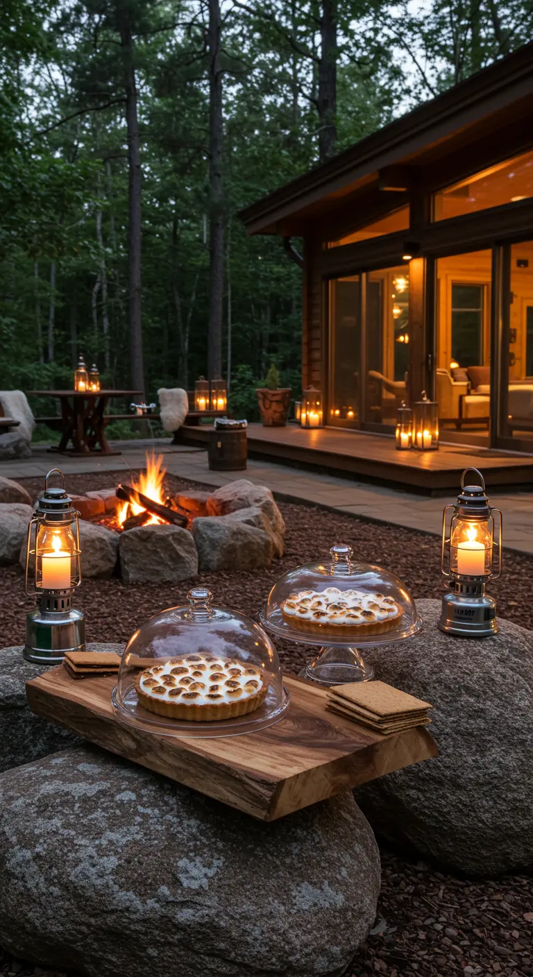 S'mores tarts under glass cloches on a wooden plank by a campfire at a lakeside cabin.