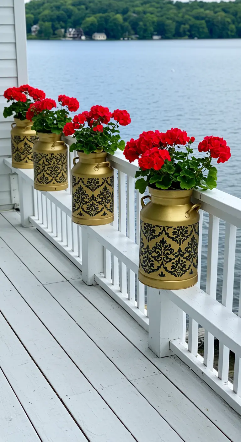 A row of gold milk cans with black damask stencils holding red geraniums on a white deck railing.