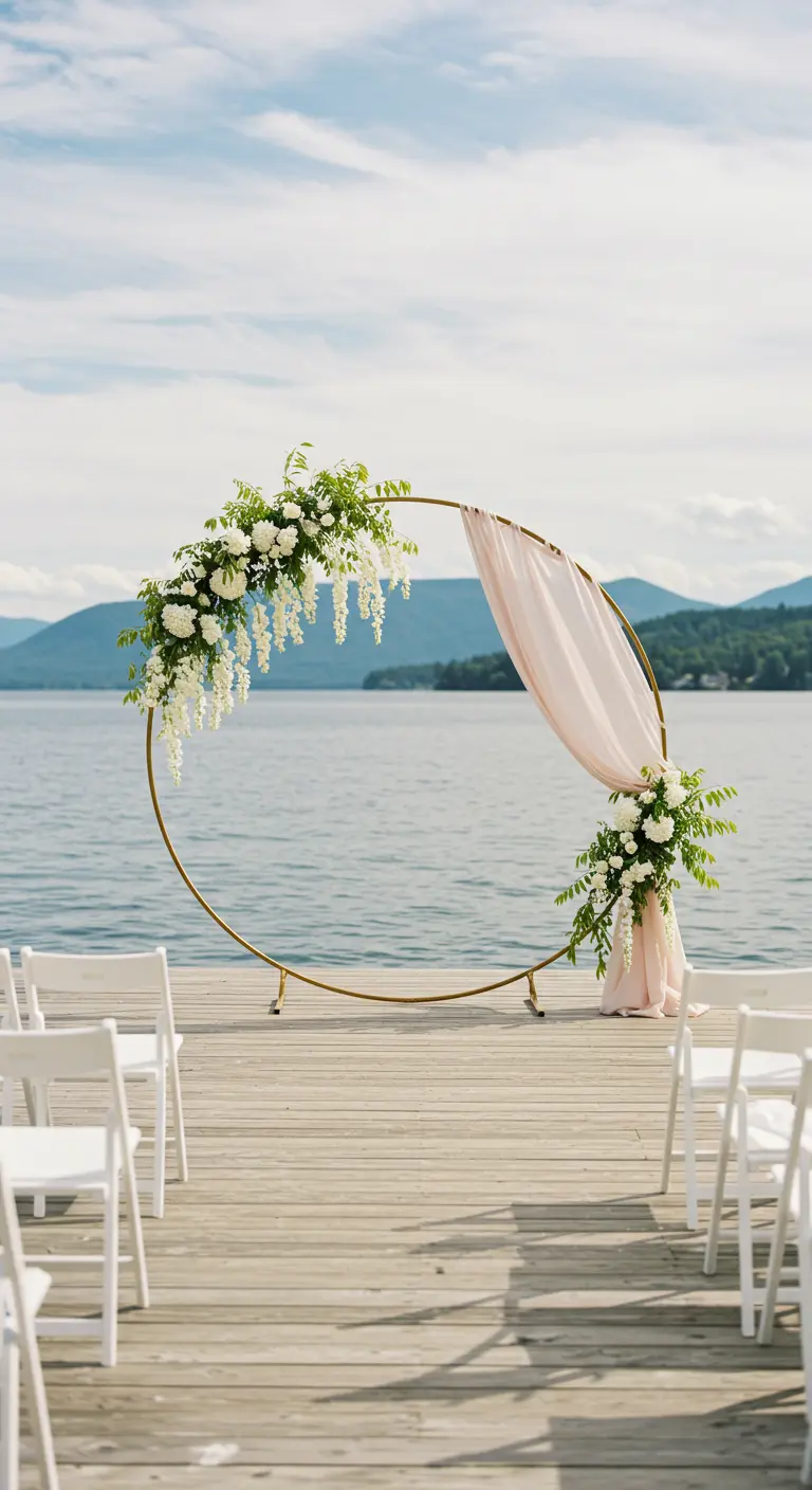 Gold circular wedding arch with white wisteria on a dock by a lake.