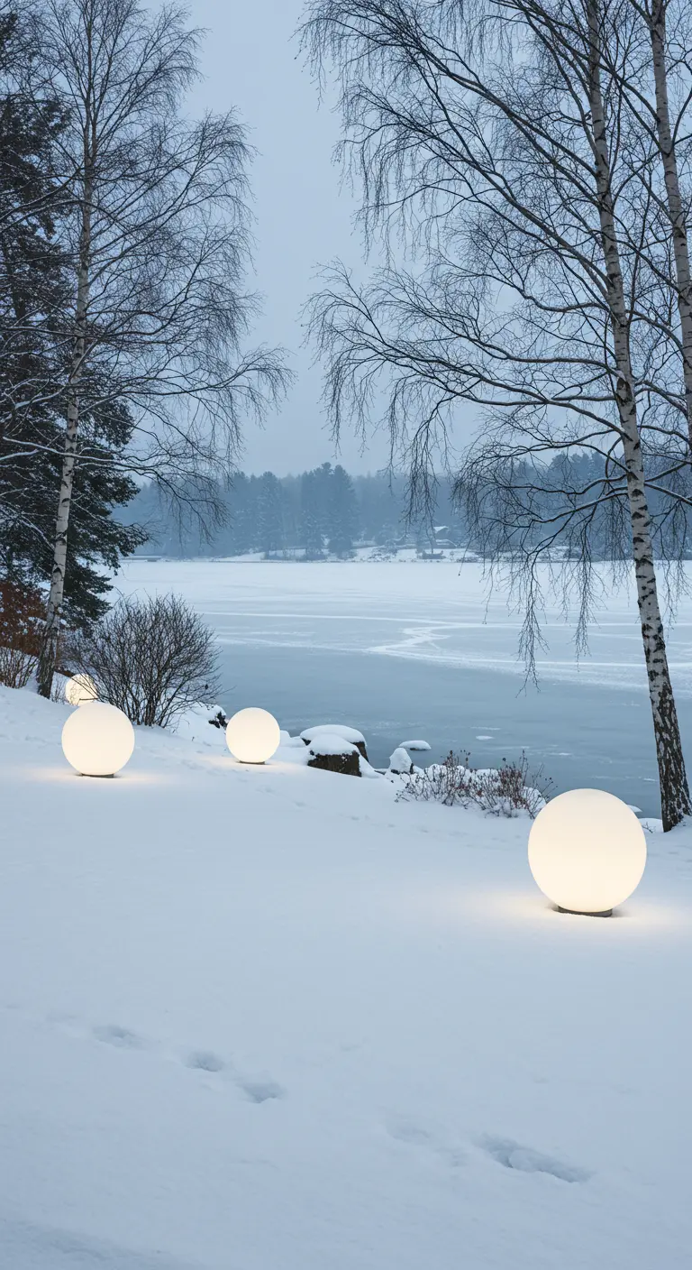 Three glowing orbs on a snowy bank next to a vast, frozen lake.