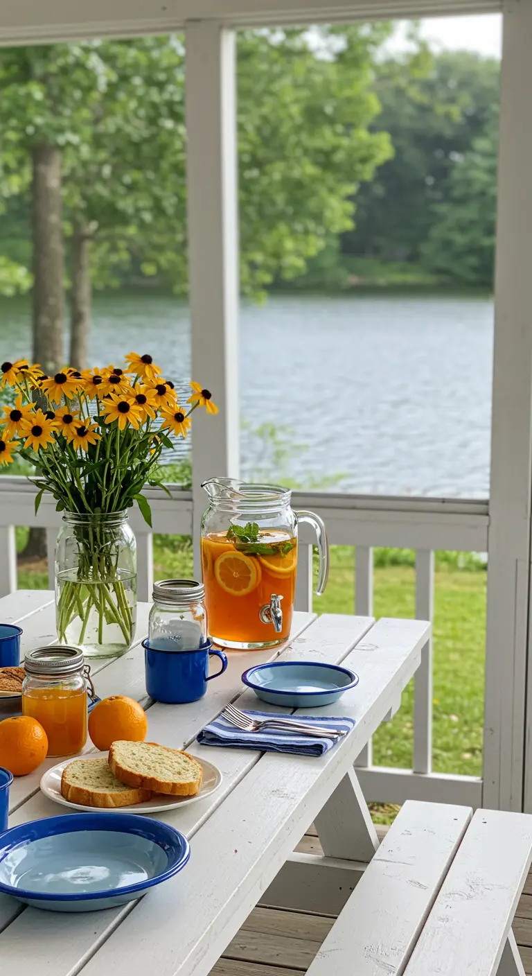 A white picnic table on a porch with blue enamelware and jars of Black-eyed Susans.