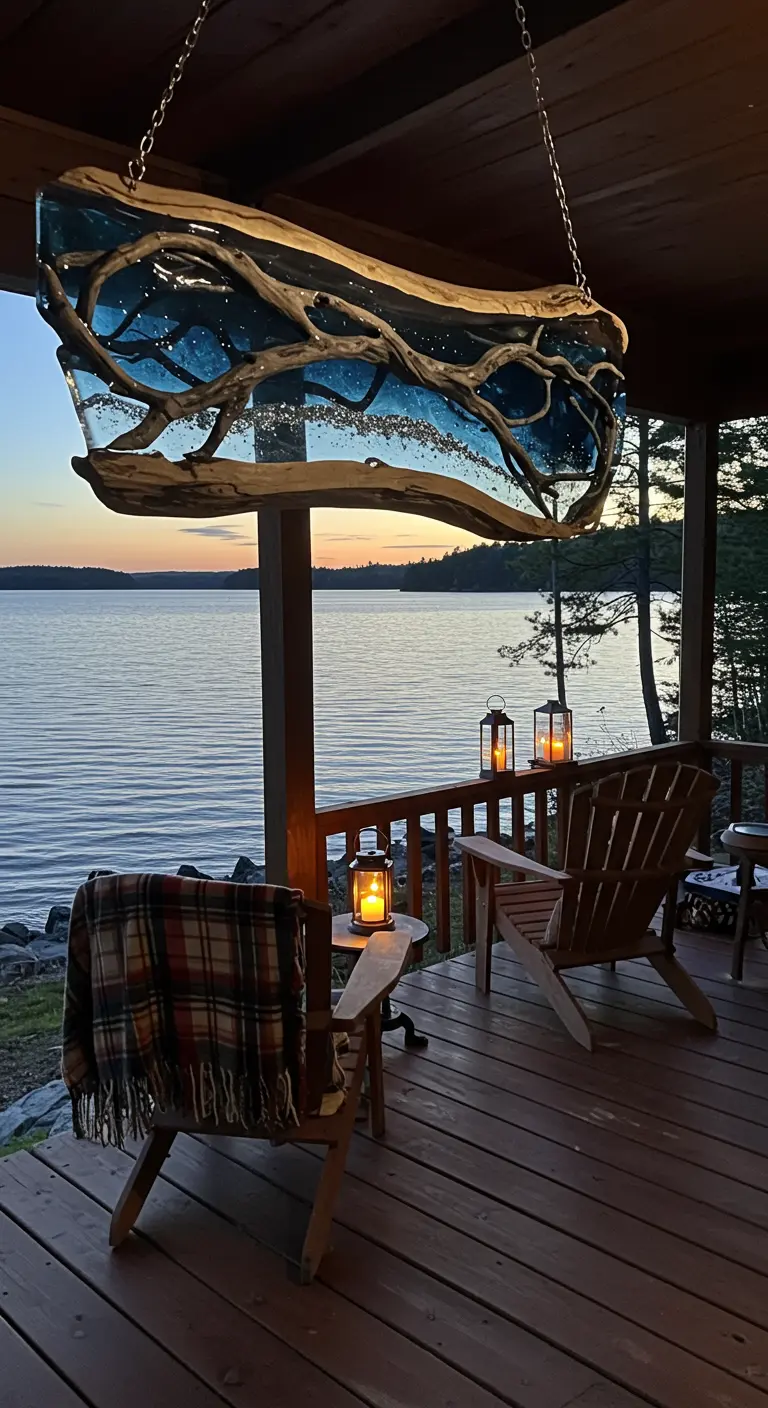 A large, horizontal driftwood and blue resin sculpture hanging over a lakeside porch at dusk.