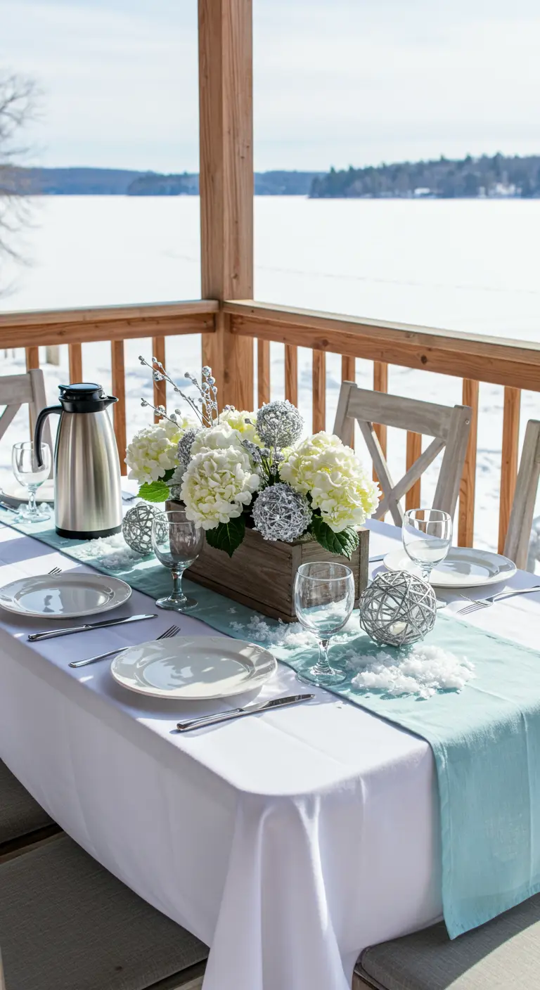 An outdoor table set for lunch with a view of a frozen lake.